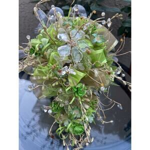 Vtg Lime Green Gold Whimsical Wedding Quinceañera bouquet Glass Faux Pearl Beads